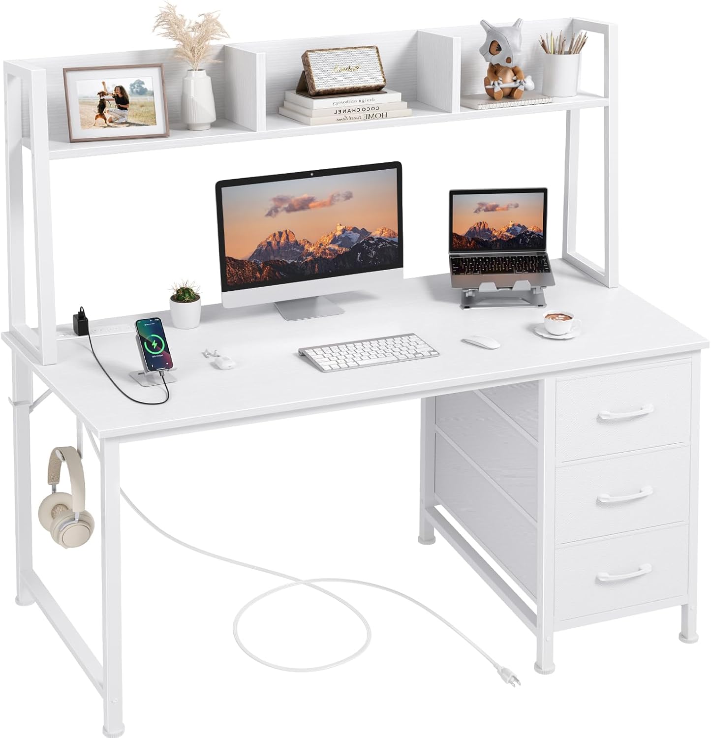 White Desk with Hutch & Drawers - Modern, Storage, Power Outlets