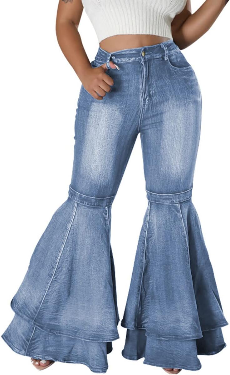 ThusFar High Waisted Bell Bottom Jeans with Ruffle Hem for Women