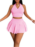 Women's 2 Piece Tennis Skirt Set - Sleeveless Racerback Crop Tank
