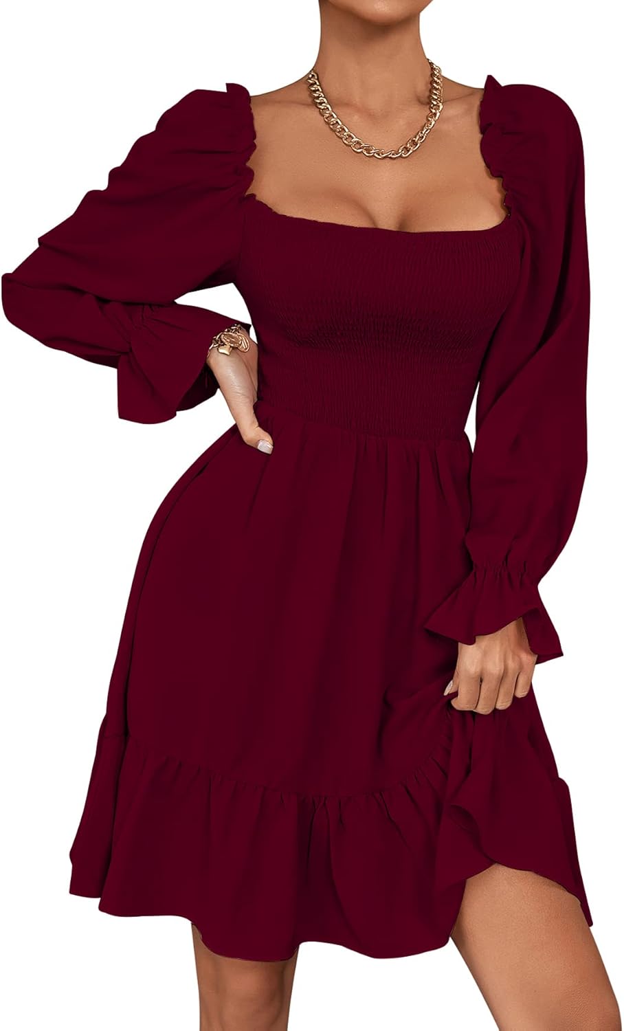 LYANER Women's Square Neck Lantern Long Sleeve Mini Dress