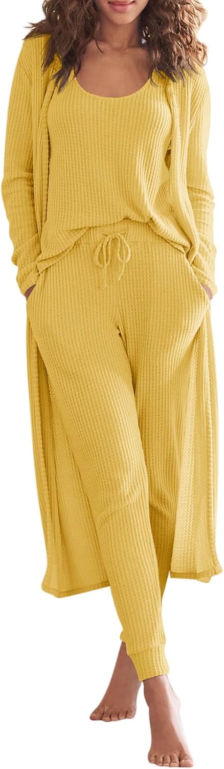 Eurivicy Womens Lounge Set Waffle Knit 3 Piece Pajama Set