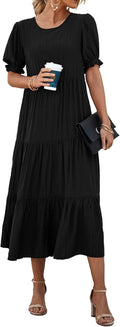 Summer Floral Boho Midi Sun Dress - Flowy Puff Sleeve Women's