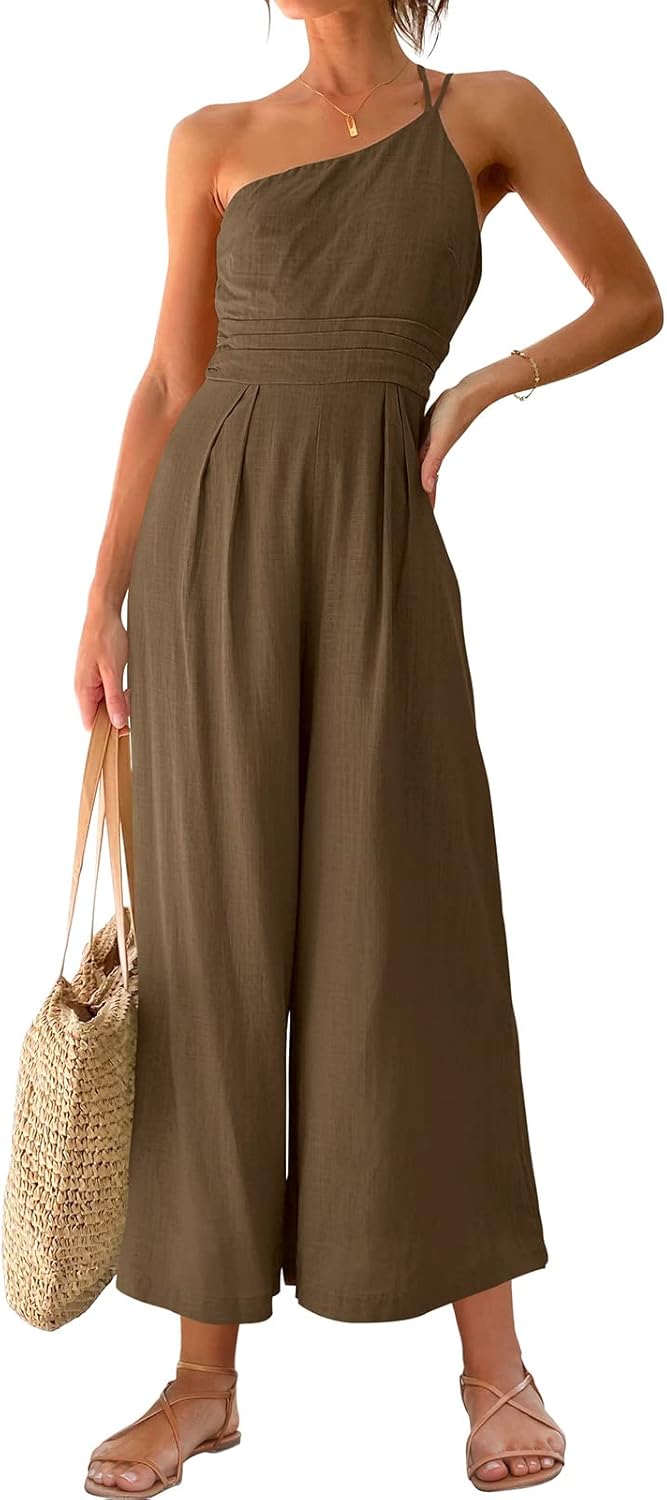 Stylish One Shoulder High Waist Linen Jumpsuit for Women