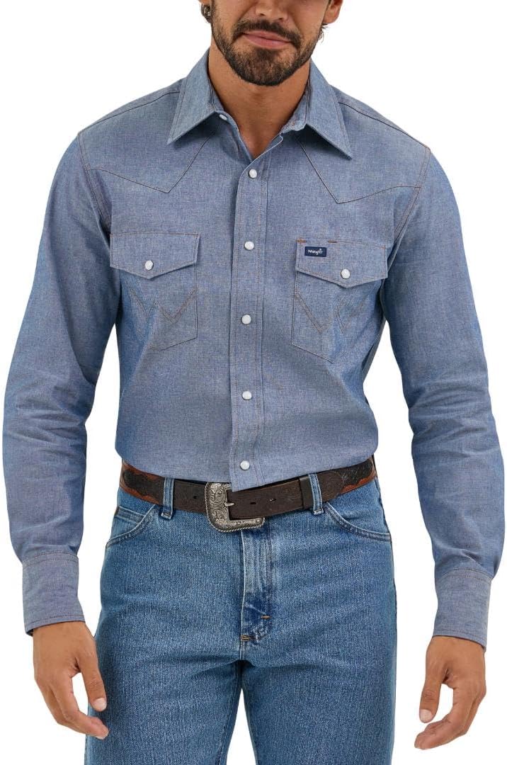 Wrangler Men's Chambray Long Sleeve Work Shirt for Comfort