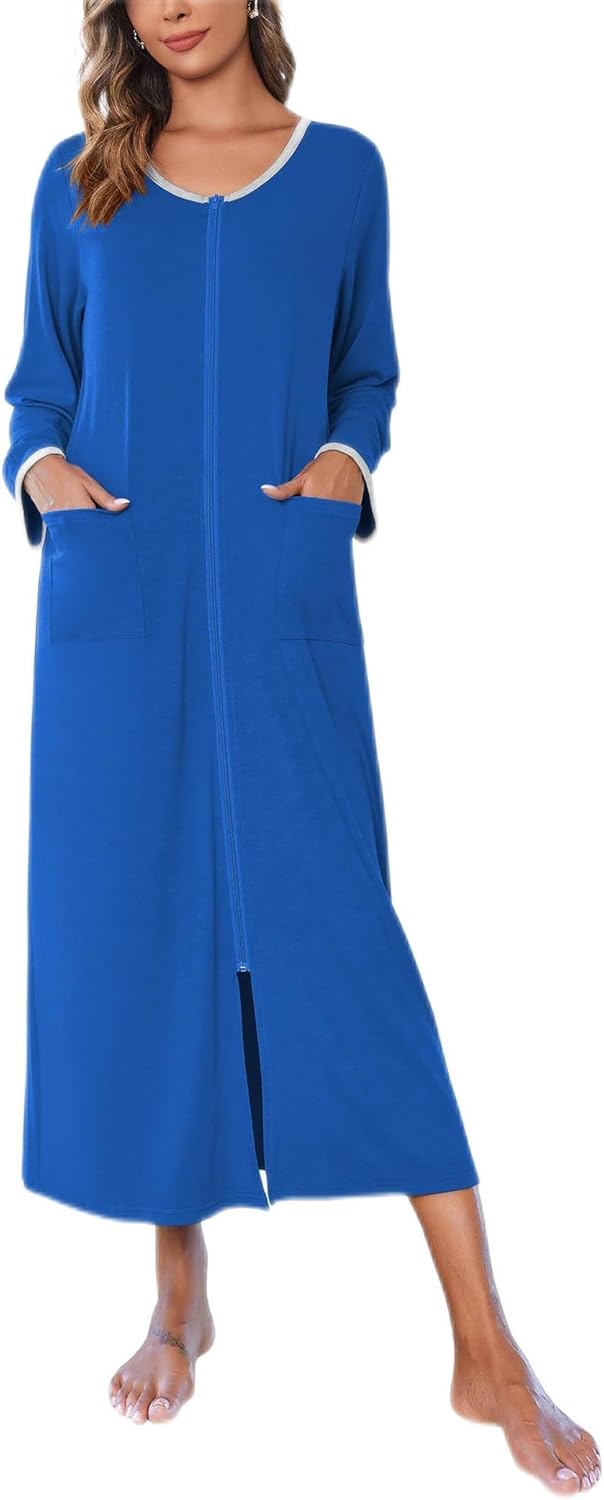 Ekouaer Women Long House Coat Zipper Front Robe with Pockets