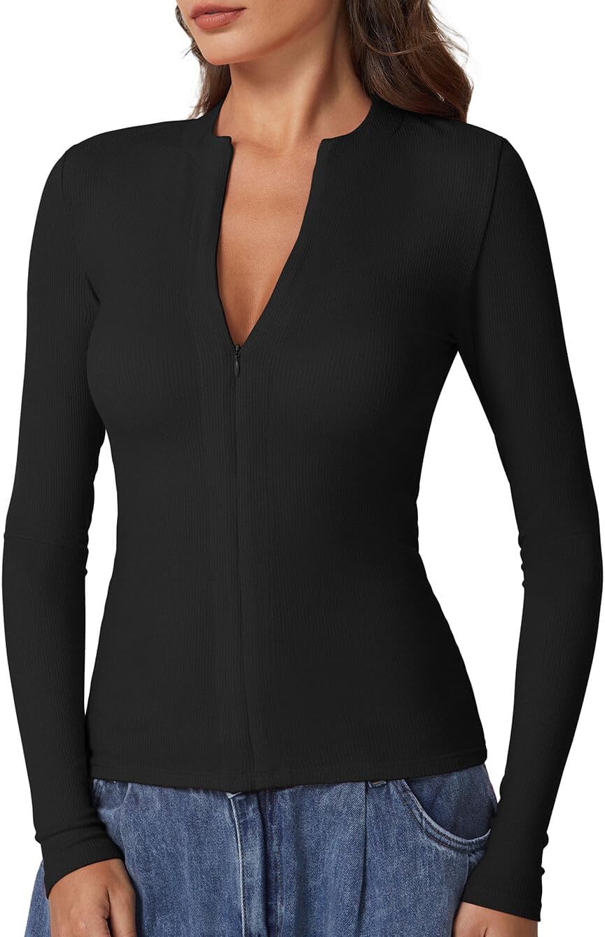 QINSEN Long Sleeve Shirts for Women with Half Zipper Design
