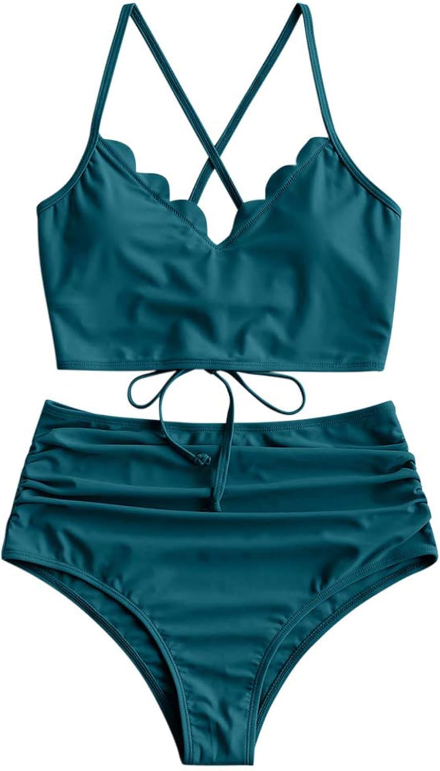 ZAFUL Women's Ruched High Waisted Tankini Swimsuit Set