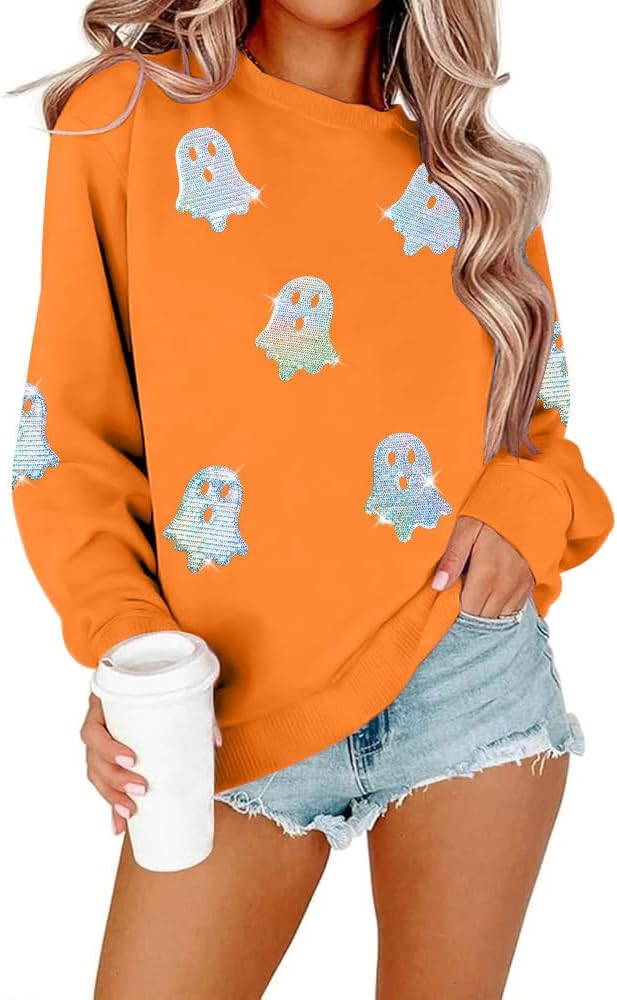 Colorful Sequin Ghost Graphic Pullover for Halloween Fun