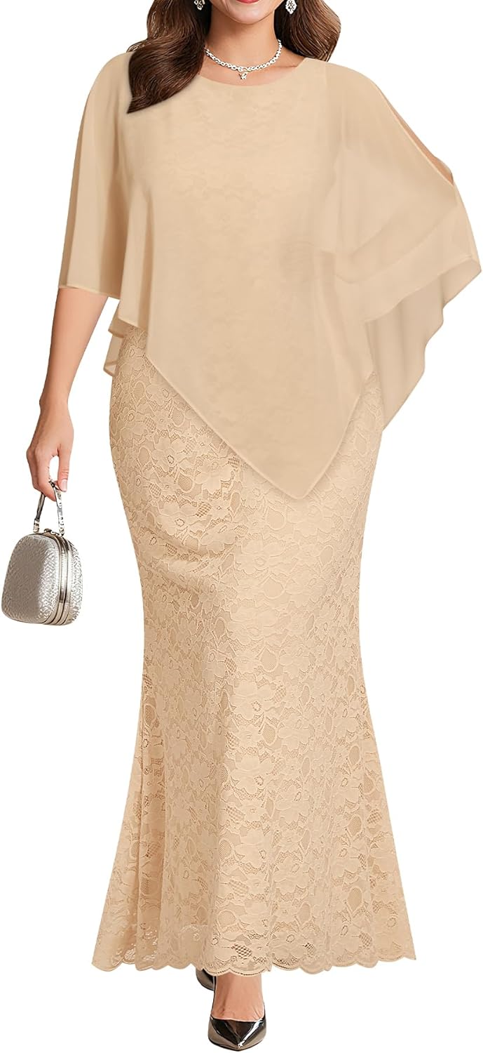 Women's Plus Size Cape Dress with Chiffon Overlay for Elegance