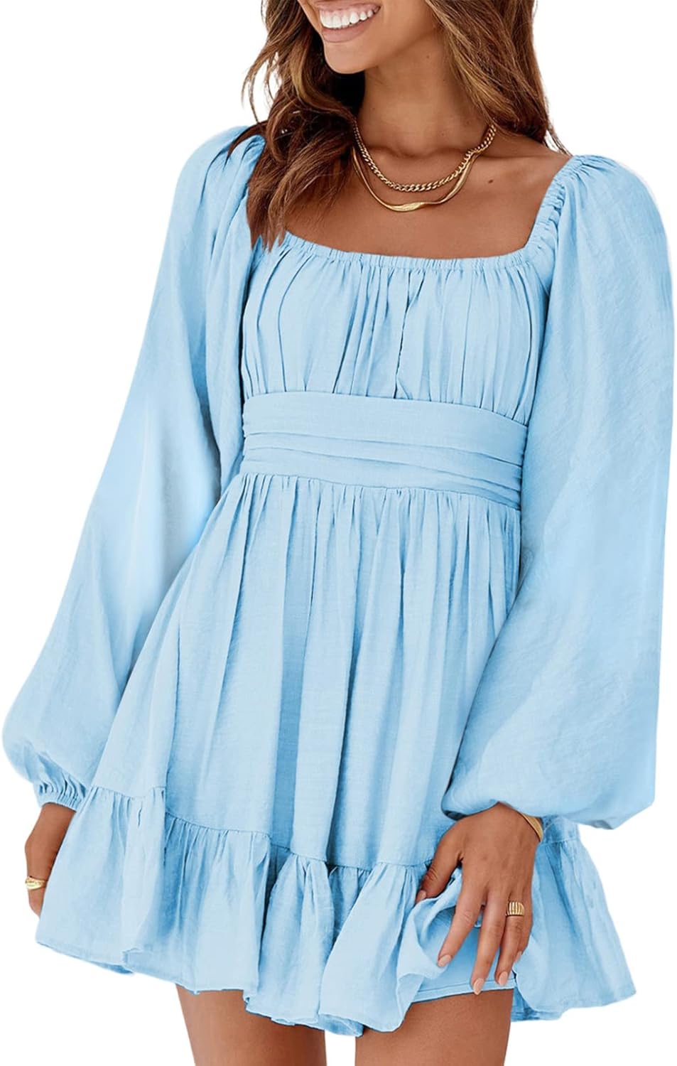 Dokotoo Womens Dress Long Lantern Sleeve Square Neck Mini Dress