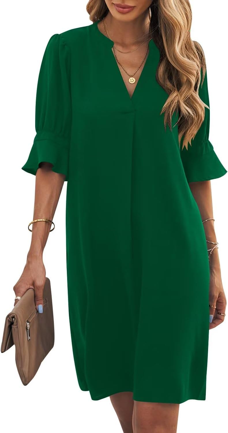 Wkior Shift Dress for Women V Neck Short Sleeves Casual Style