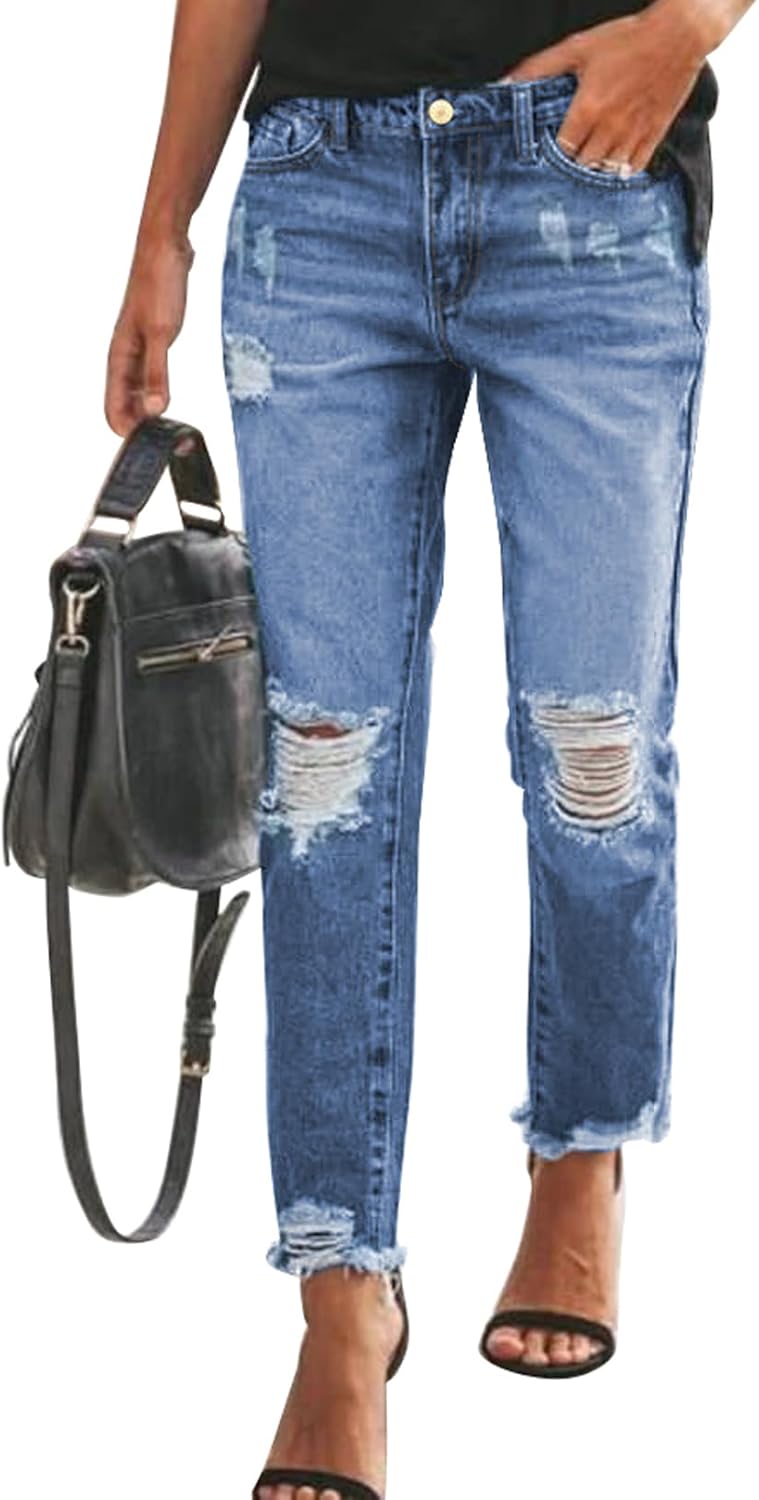 Sidefeel Women's Boyfriend Jeans Stretchy Ripped Distressed Denim