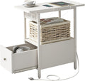 White Narrow End Table with Charging Station - Bedside Nightstand