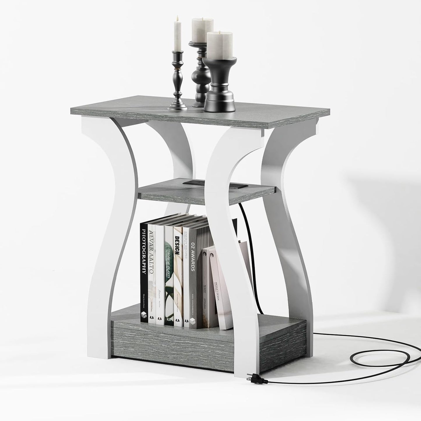Grey End Table with Charging Station for Living Room and Bedroom