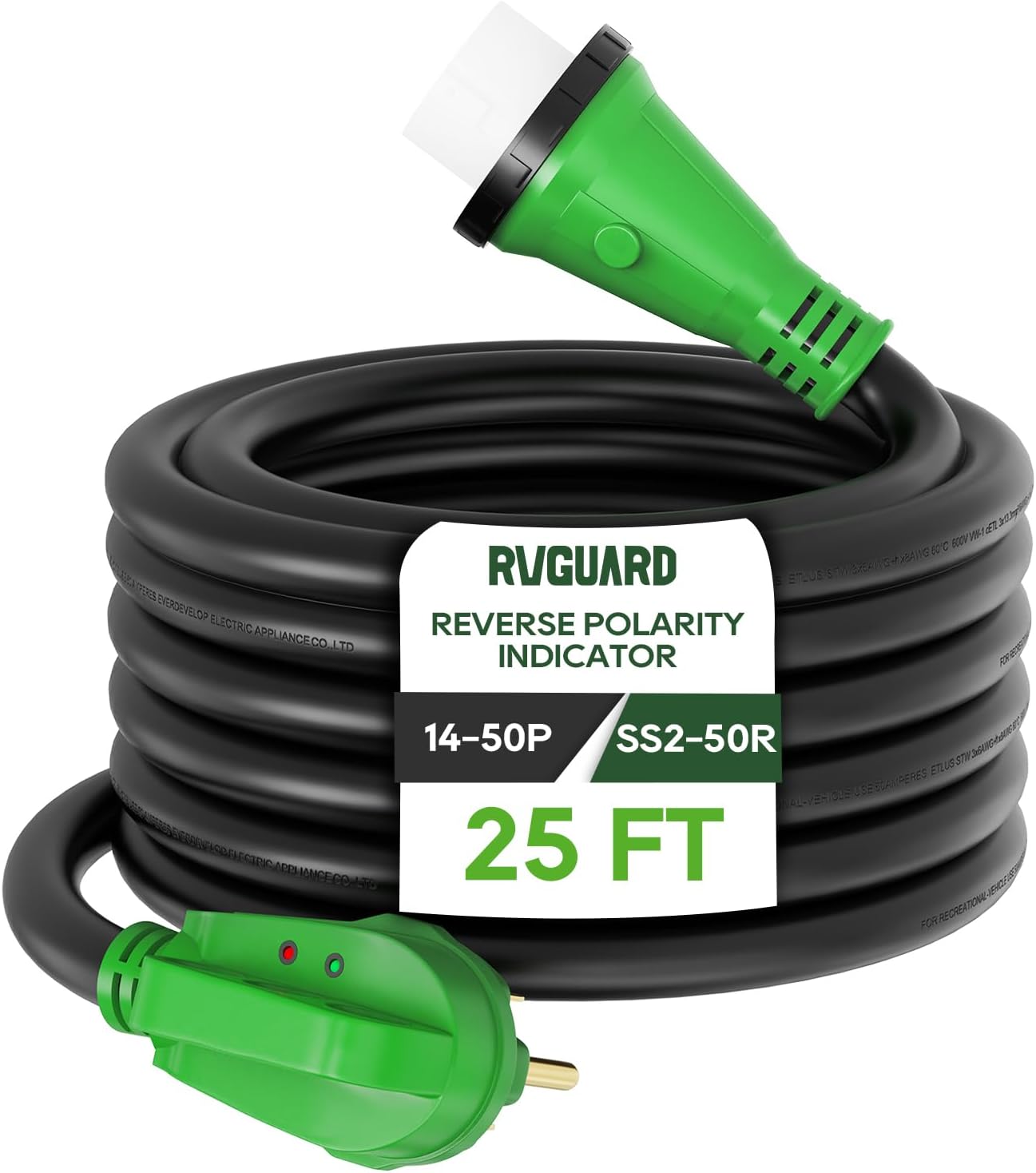 RVGUARD 50 Amp 25 Foot RV Power Cord with Reverse Polarity Indicator