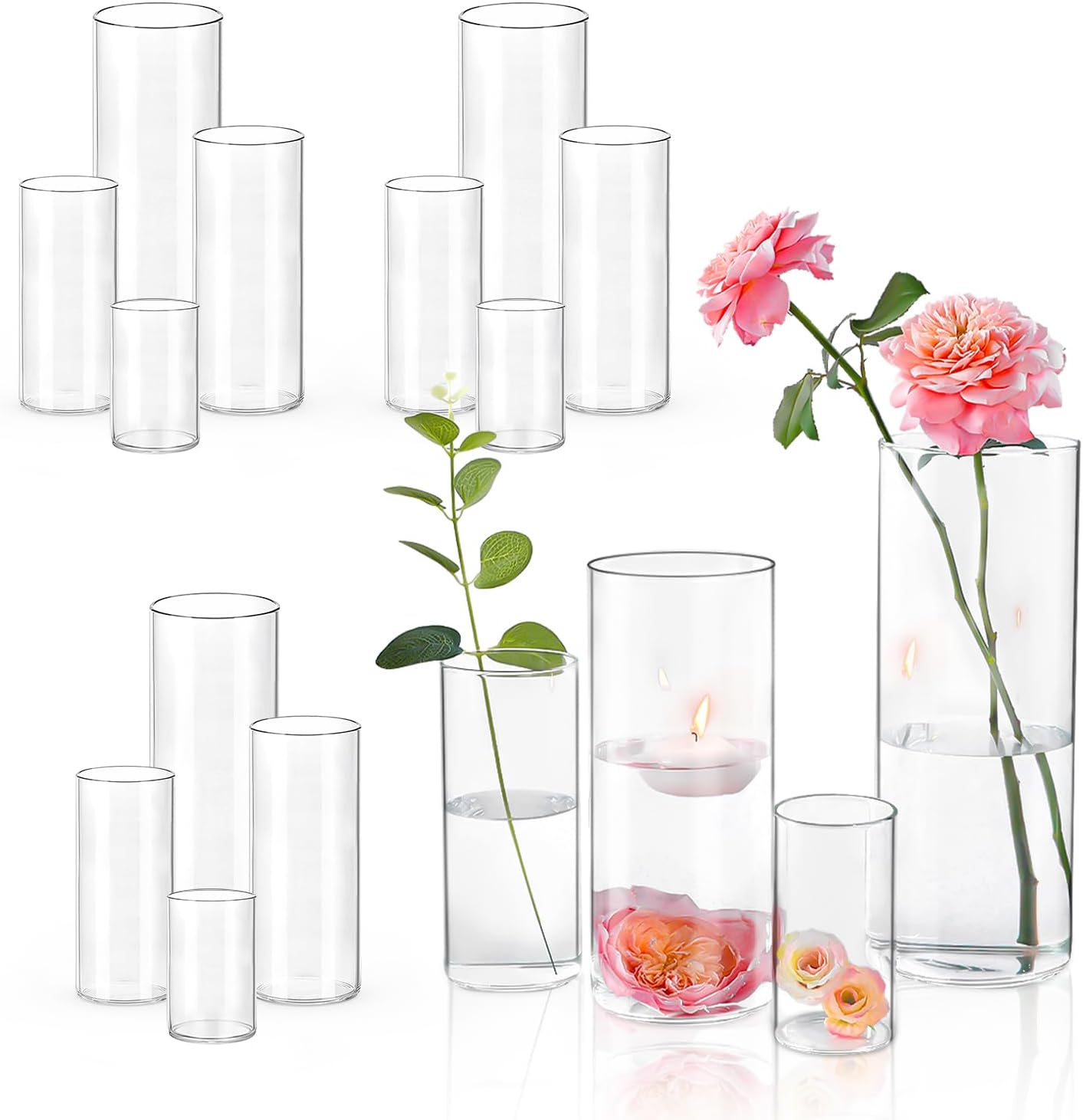 16 PCS Clear Cylinder Vases by UPBUD for Elegant Decor