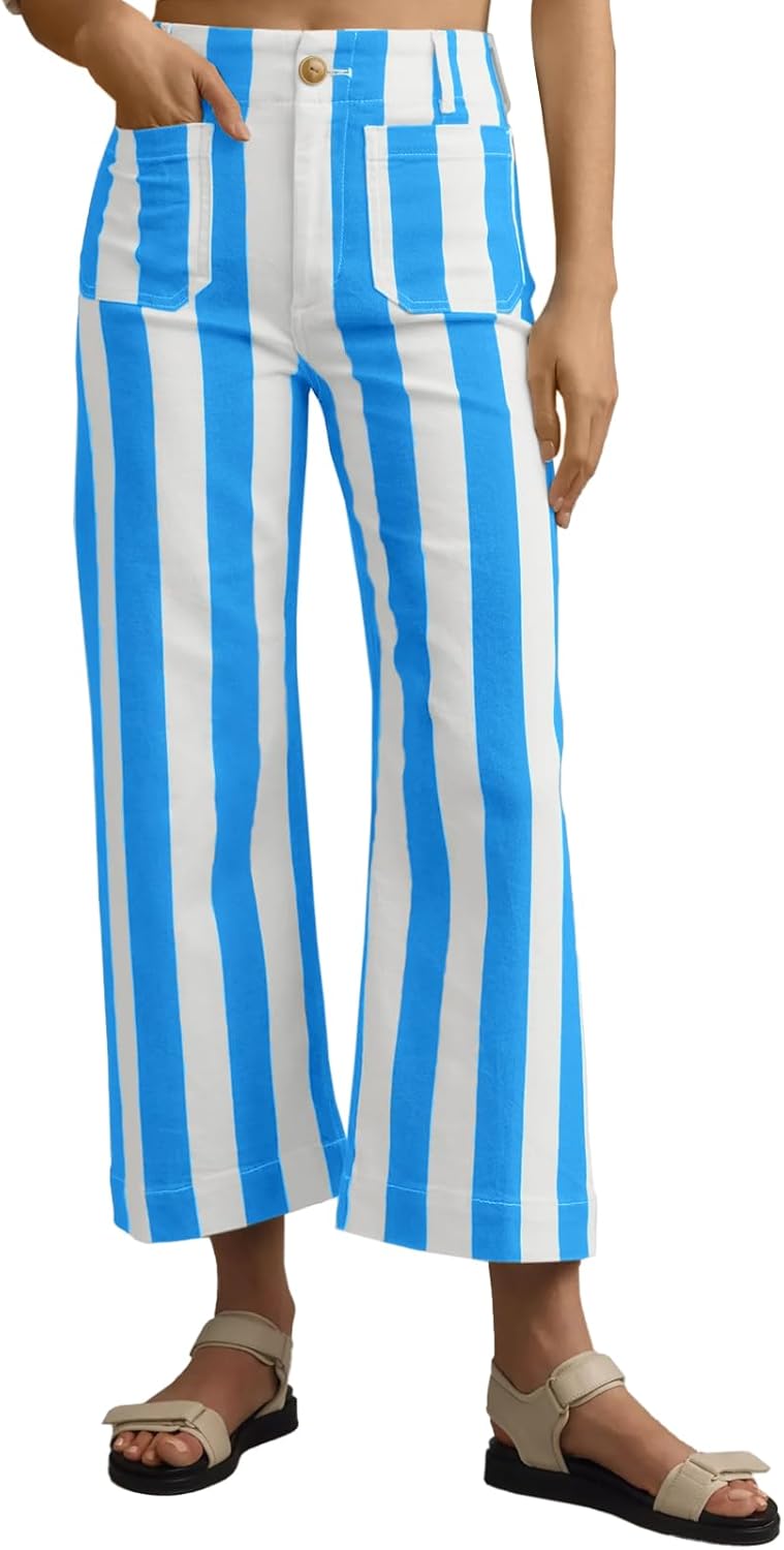 Cropped Striped Jeans for Women - High Waisted Stretchy Denim