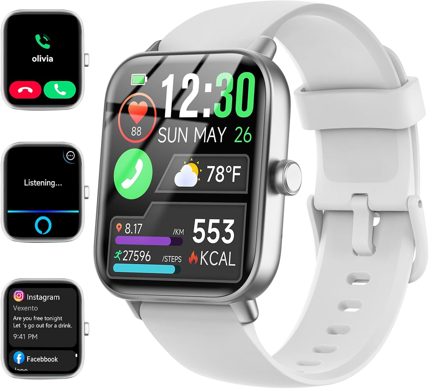 Quican Women's Smartwatch: Alexa, Fitness Tracker, Bluetooth Call, White