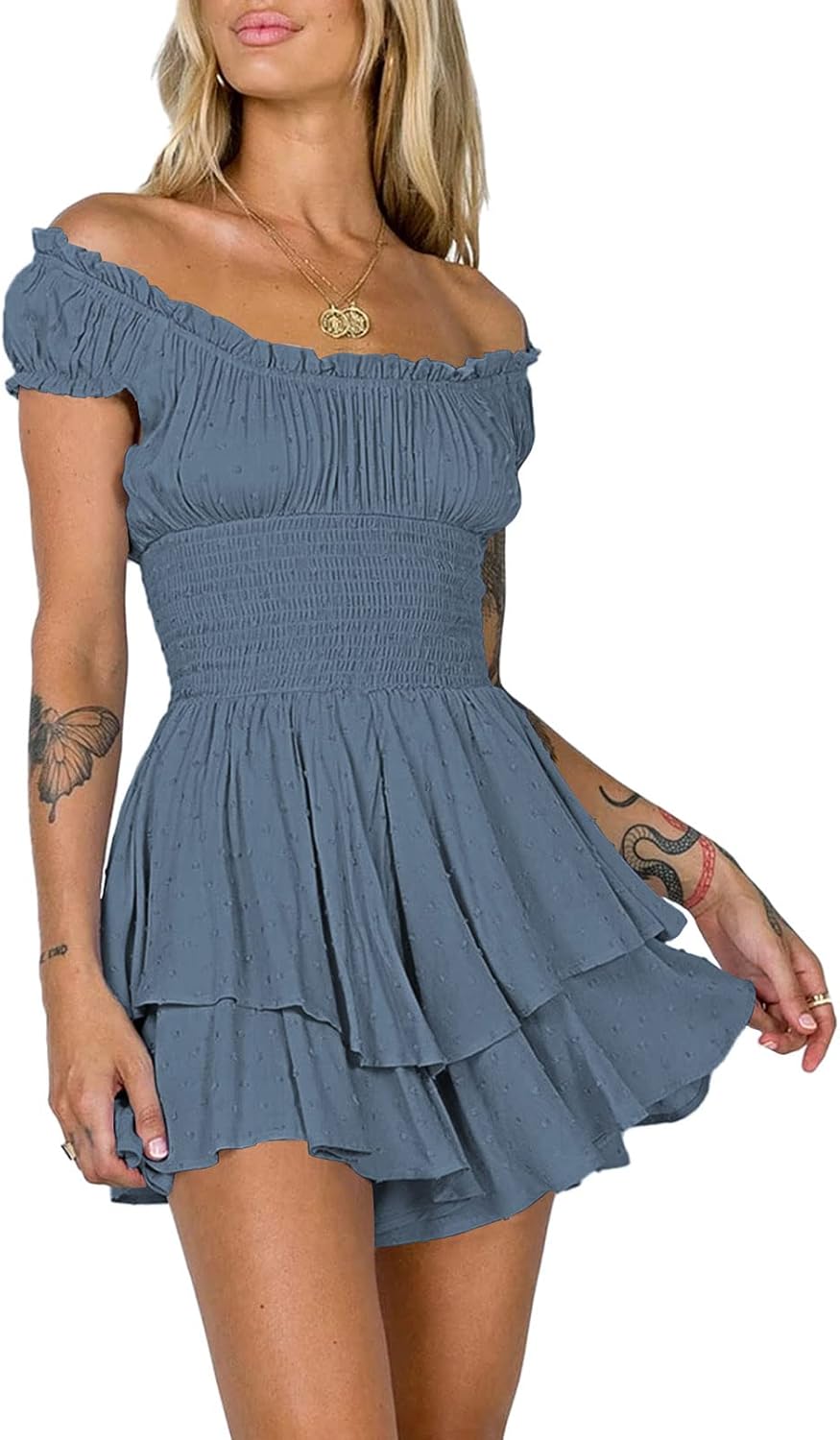 AOHITE Womens Summer Tube Top Dress Off-Shoulder Ruffled Style