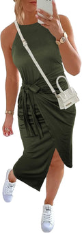 Sleeveless Striped Midi Dress - Flattering Ruched Tie Waist
