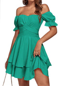 LYANER Women's Tie Back Off Shoulder Wrap Layer Ruffle Mini Dress Made