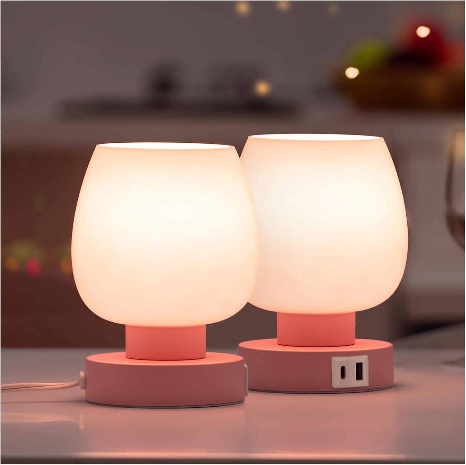 ONEWISH Pink Touch Table Lamp with USB Charging for Bedrooms