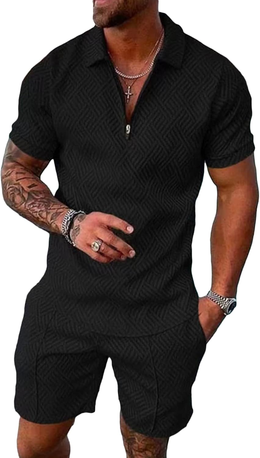 Beotyshow Mens Polo Shirt and Shorts Sets for Summer Style