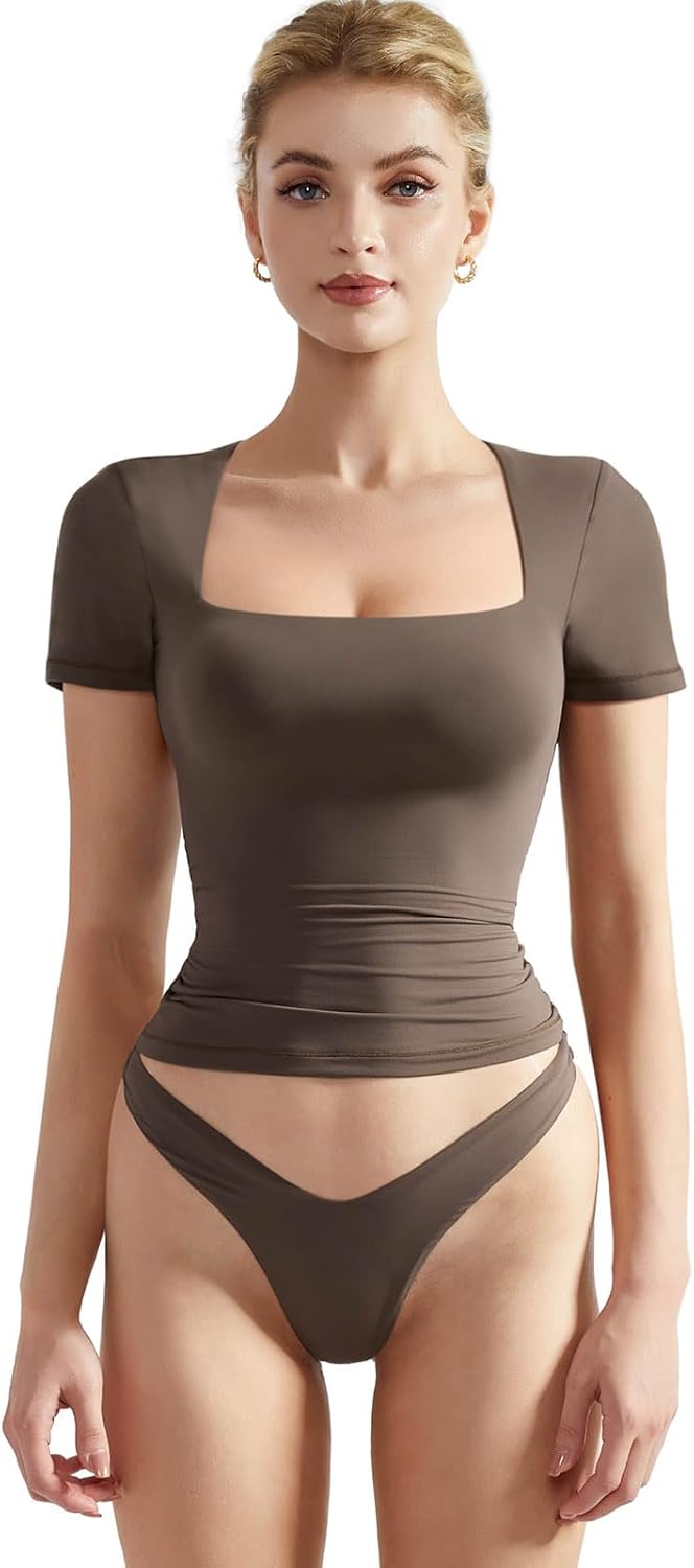 SUUKSESS Women Double Lined Fitted Basic Tee Square Neck Top