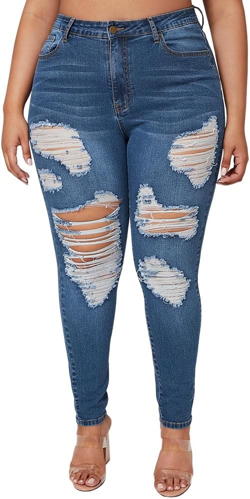 Womens Plus Size Skinny Jeans Stretchy High Waisted Ripped Fit