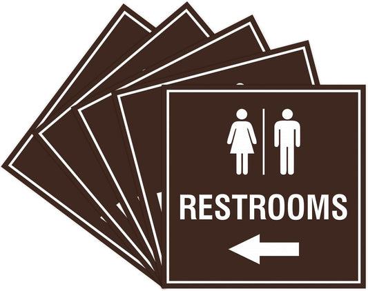 Square Restrooms Left Arrow Sign with Adhesive Tape - 5 Pack