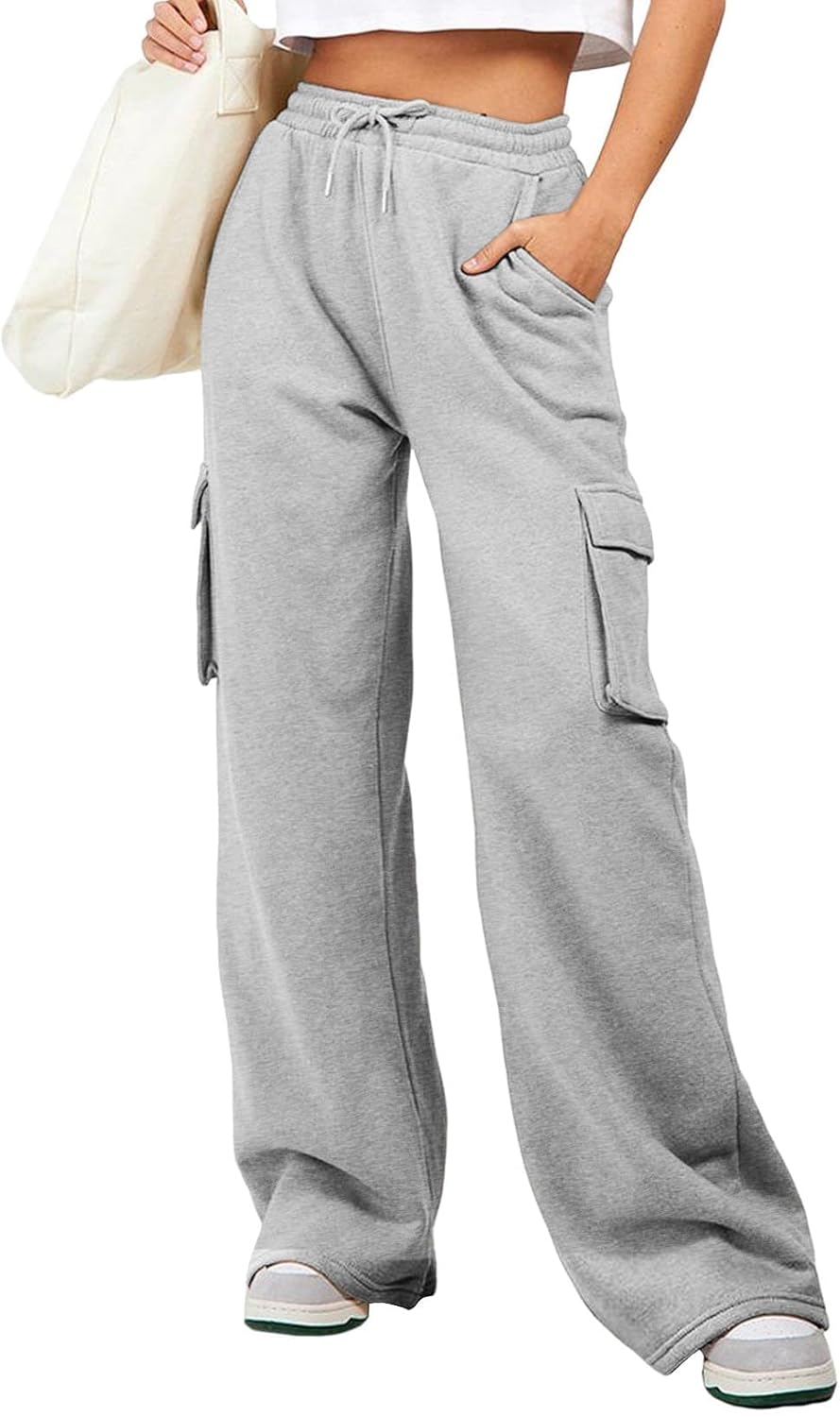 High Waisted Drawstring Wide Leg Cargo Pants for Women