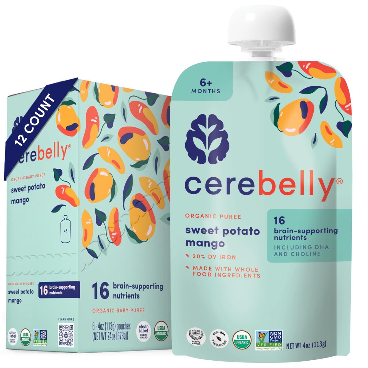 Cerebelly Organic Baby Food Pouches for Toddlers - Sweet Potato Mango