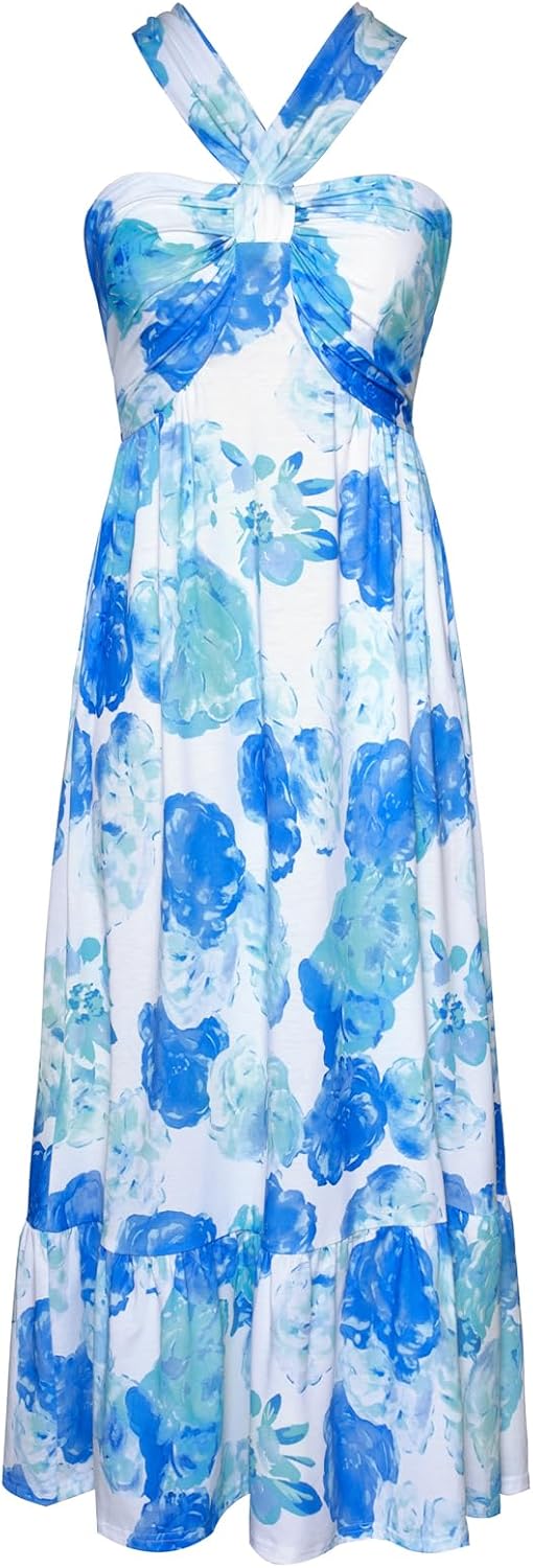 Women's Criss Cross Halterneck Floral Print Maxi Dress for Summer