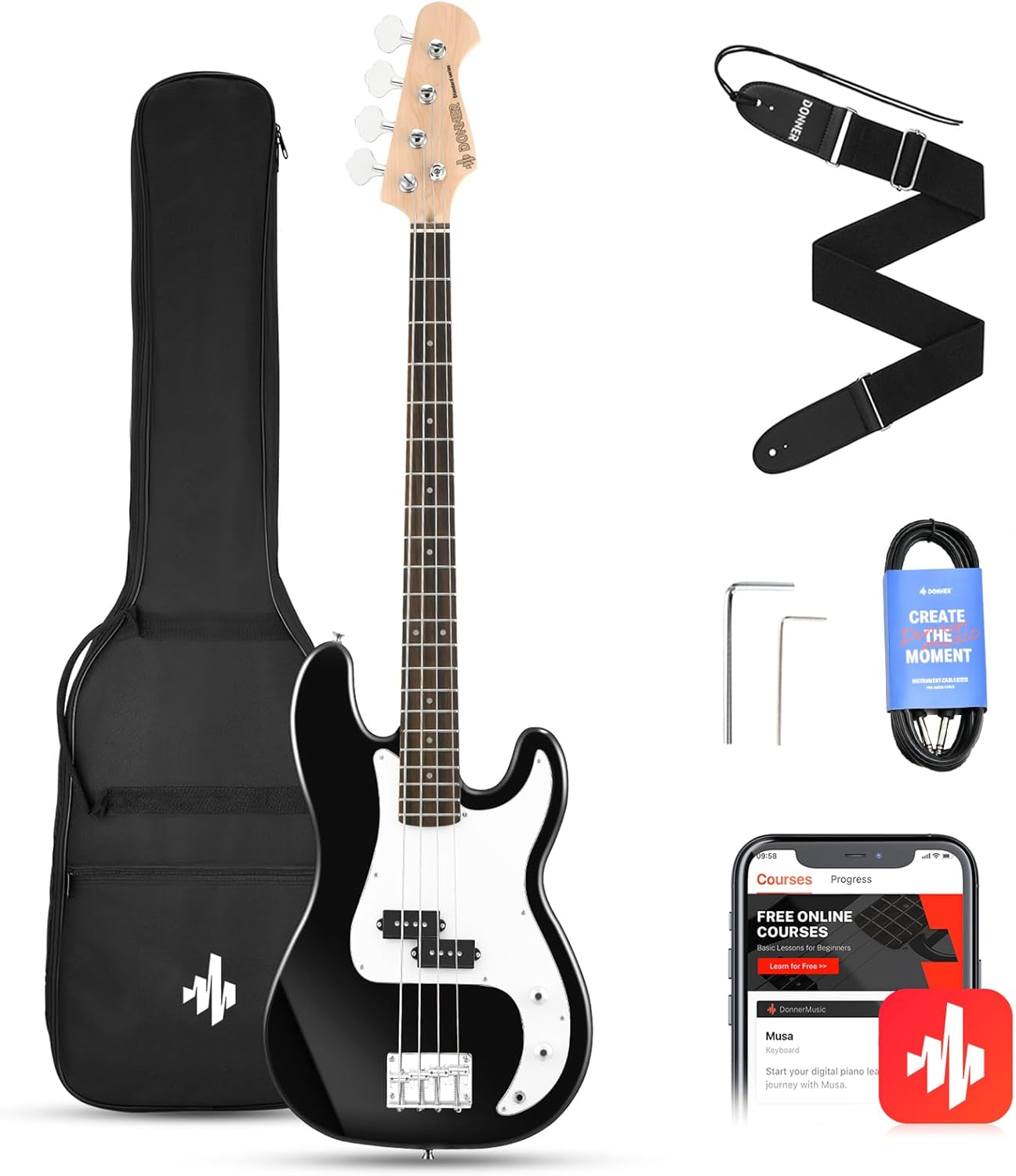 Donner Electric Bass Guitar 4 Strings Full-Size Beginner Kit