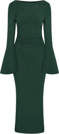 Maxi Dresses for Women Elegant Classy Fall Long Bell Sleeve Ruched