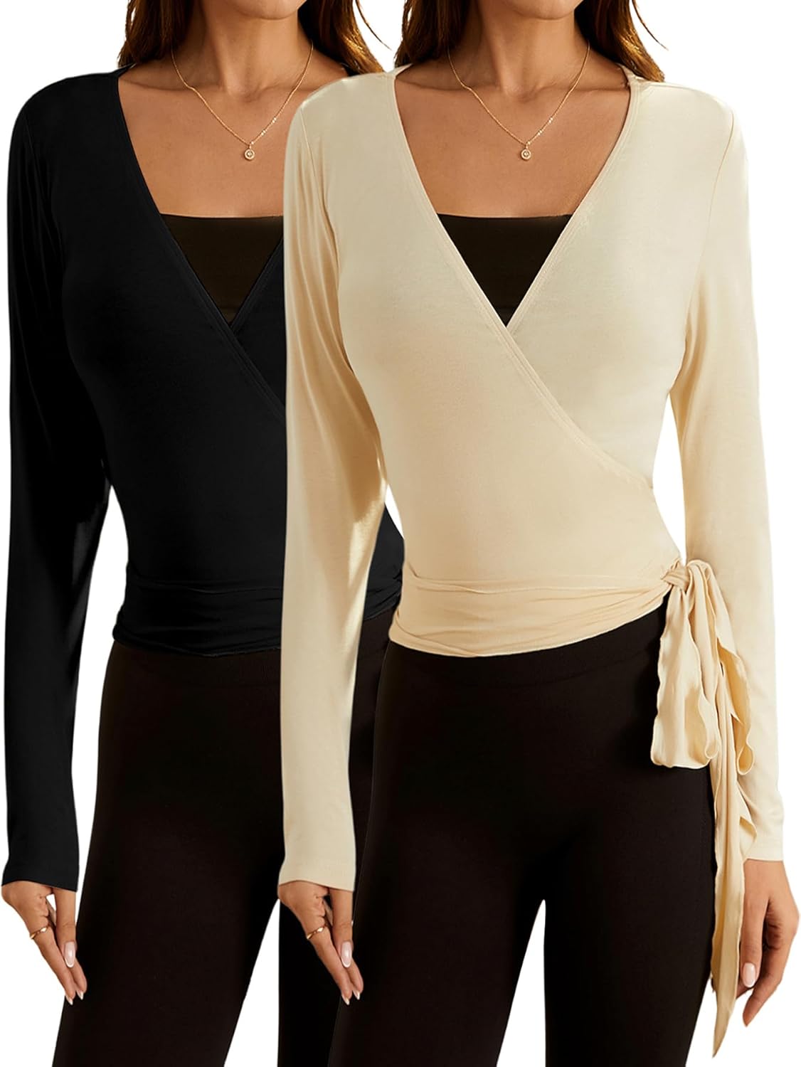 Ballet Pilates Yoga Wrap Tops for Women - 2 Pack Long Sleeve
