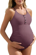 Ribbed One-Piece Maternity Swimsuit with Button Neck - Nursing