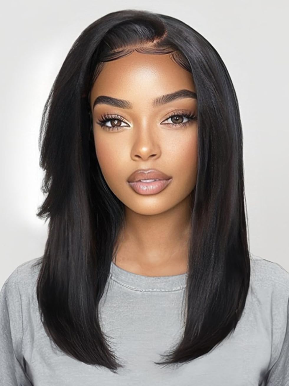 Yaki Straight Human Hair Drawstring Wig with Side Bangs for Style