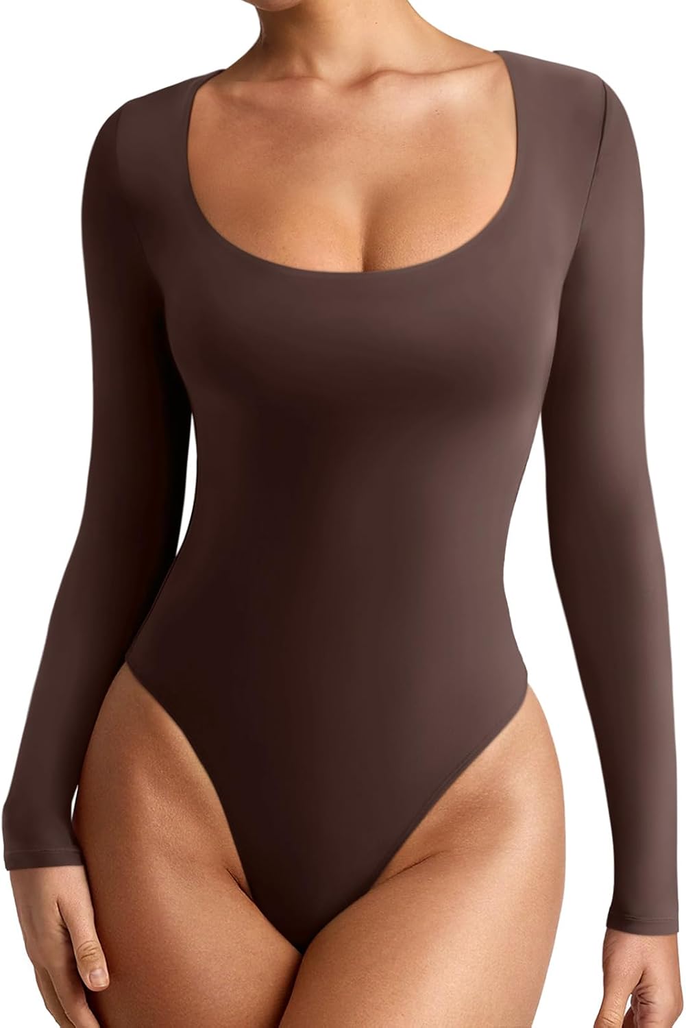 REORIA Women's Sexy Scoop Neck Long Sleeve Bodysuit Tops
