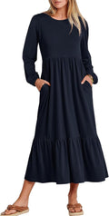 ANRABESS Long Sleeve Midi Dress - Oversized Flowy Tiered Midi Women's