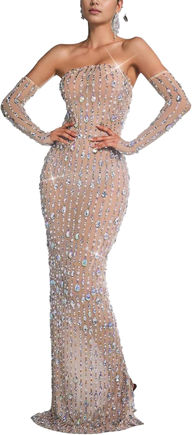 Hot Drilling Craft Sexy Long Sleeve Mesh Party Dress for Women