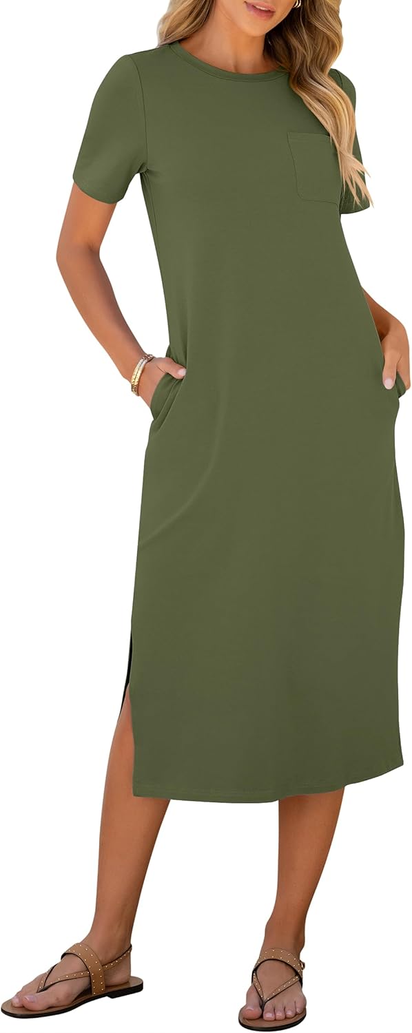Womens Summer Casual Midi Dress Short Sleeve Crewneck T Shirt
