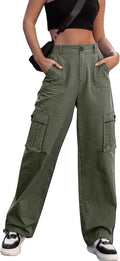 Women High Waisted Cargo Pants with 6 Pockets - Wide Leg Cotton Blend
