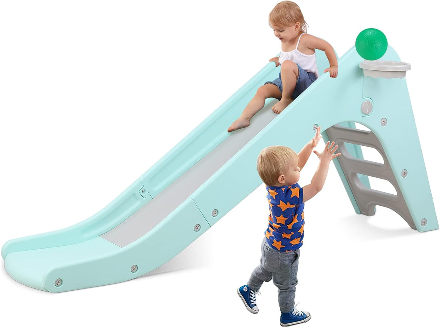 Arlopu Freestanding Kids Slide with Basketball Hoop for Fun