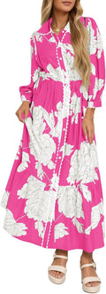 Wenrine Womens Maxi Shirt Dress Casual Floral Collared - Relaxed Fit