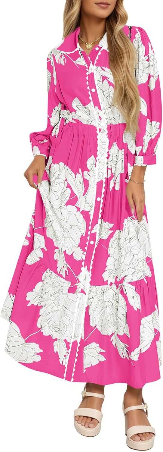 Wenrine Womens Maxi Shirt Dress Casual Floral Collared Style