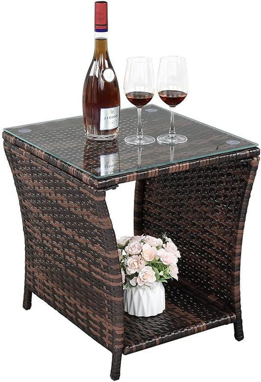 VINGLI Outdoor Wicker Side Table with Storage for Patio Use