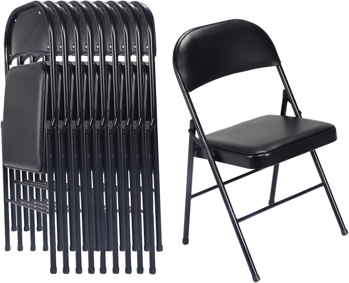 10 Pack Black Folding Chairs with Padded Seats for Events