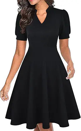 Mokayee Womens Summer Short Puff Sleeve Fit and Flare Dress