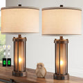 Set of 2 Farmhouse Table Lamps for Living Room - Dual USB Charging